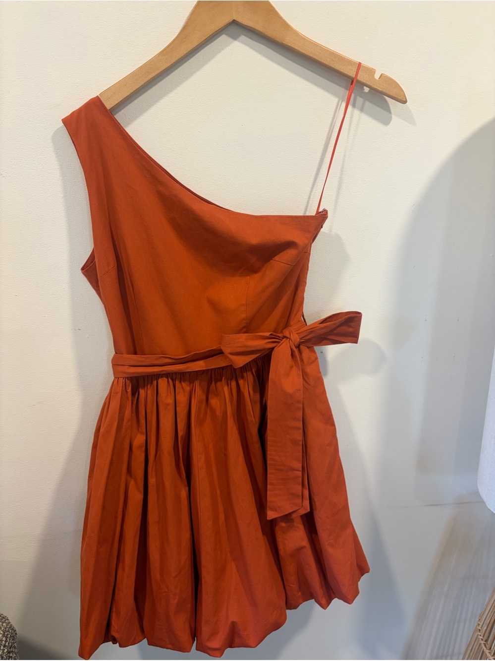 TCEC Burnt Orange One-Shoulder Bubble Hem Mini Dress with Waist Tie | Size Small